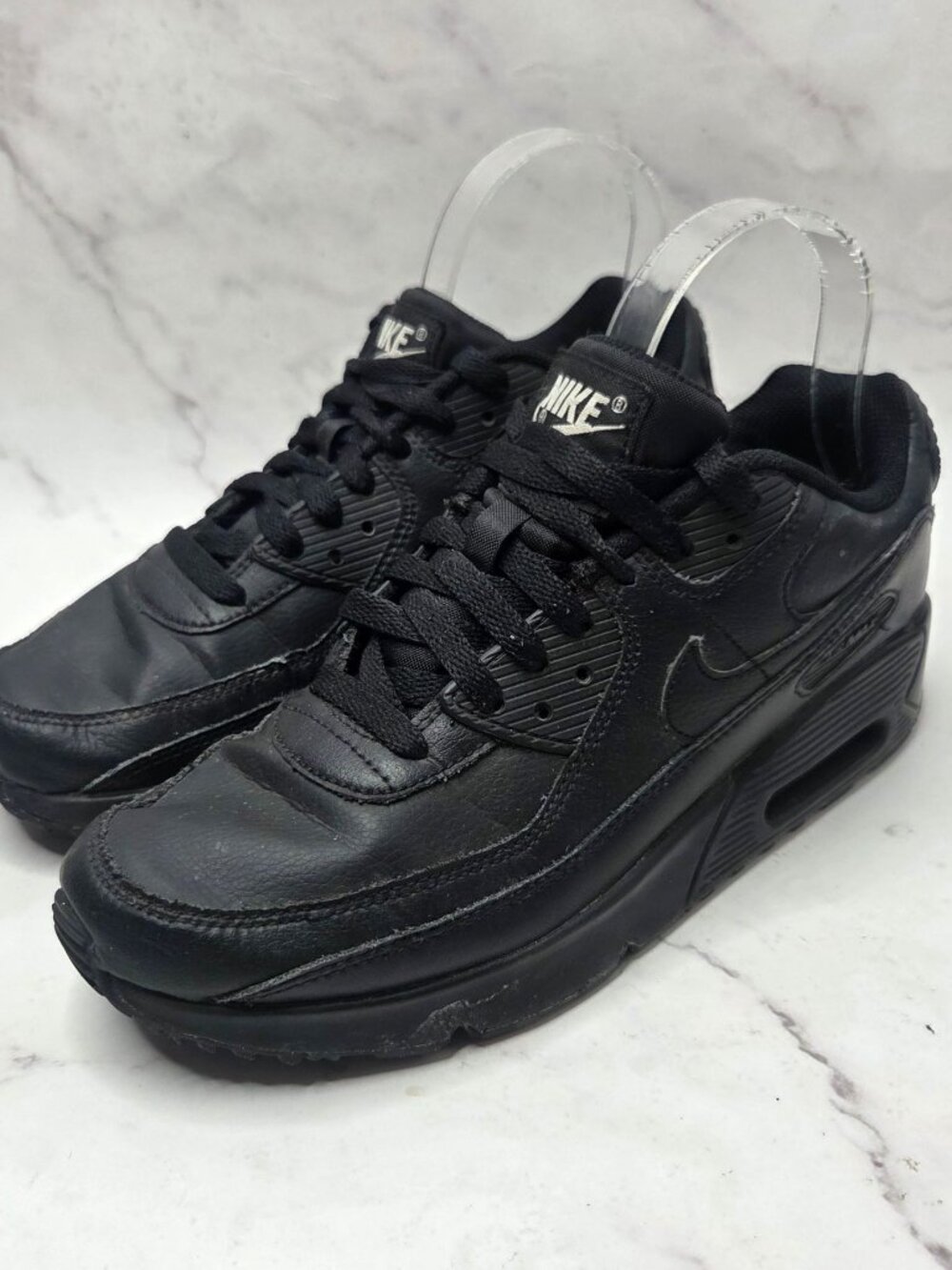 Nike Air Max 90 Triple Black GS Leather Shoes Sneakers CD6864-001 Youth 6.5